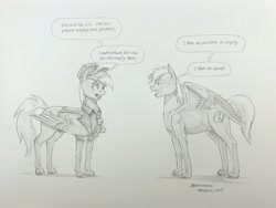 Size: 2048x1541 | Tagged: safe, artist:baron engel, imported from derpibooru, derpy hooves, oc, oc:sky brush, pegasus, pony, colored hooves, duo, female, grayscale, male, monochrome, pegasus oc, pencil drawing, simple background, traditional art, white background