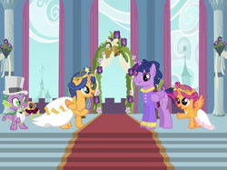 Size: 1025x768 | Tagged: safe, artist:turnaboutart, imported from derpibooru, flash sentry, scootaloo, spike, twilight sparkle, alicorn, dragon, pony, adopted offspring, alicornified, bride, clothes, crown, dress, dusk shine, duskflare, father and daughter, female, filly, flare warden, flashlight, flower filly, flower girl, flower girl dress, hat, jewelry, male, mare, marriage, race swap, regalia, requested art, rule 63, scootacorn, sentrycorn, shipping, stallion, straight, suit, top hat, tuxedo, twilight sparkle (alicorn), wedding, wedding dress, winged spike, wings