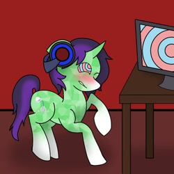 Size: 768x768 | Tagged: safe, artist:foxtailkayle, imported from derpibooru, oc, oc only, oc:crescent star, crystal pony, pony, unicorn, blushing, crystal unicorn, embarrassed, headphones, hypnosis, kaa eyes, male, peeking, swirls, swirly eyes, table, tech control, television