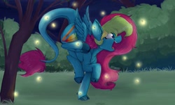 Size: 1149x696 | Tagged: safe, artist:feathershine1, imported from derpibooru, oc, oc only, firefly (insect), pegasus, pony, cloven hooves, ear fluff, female, leonine tail, mare, redraw, solo, tree, underhoof