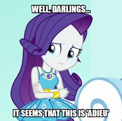Size: 540x535 | Tagged: safe, edit, edited screencap, imported from derpibooru, screencap, rarity, equestria girls, equestria girls series, rollercoaster of friendship, beautiful, crying, darling, feels, impact font, looking at you, marshmelodrama, sad, talking to viewer, text edit, the end of equestria girls