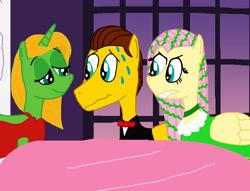 Size: 3402x2598 | Tagged: safe, artist:sb1991, imported from derpibooru, oc, oc:film reel, oc:sassy sass, pegasus, pony, unicorn, angry, canon x oc, clothes, dress, fanfic art, grand galloping gala, lidded eyes, link in description, sweat, table