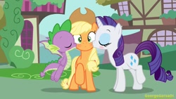 Size: 1724x969 | Tagged: safe, artist:georgegarza01, imported from derpibooru, applejack, rarity, spike, dragon, pony, blushing, cheek kiss, cute, female, imminent threesome, kiss on the cheek, kiss sandwich, kissing, male, moment killer, oops, shipping, show accurate, sparity, straight, surprised, winged spike, wings
