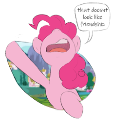 Size: 957x1033 | Tagged: safe, artist:corgitheborki, imported from derpibooru, pinkie pie, earth pony, pony, breaking the fourth wall, female, fourth wall, friendship, reaction image, simple background, solo, that's not friendship, transparent background