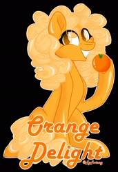 Size: 1397x2047 | Tagged: safe, artist:missbramblemele, artist:missmele-madness, imported from derpibooru, oc, oc only, oc:orange delight, earth pony, pony, black background, female, food, mare, orange, simple background, solo