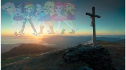 Size: 713x397 | Tagged: safe, imported from derpibooru, applejack, fluttershy, pinkie pie, rainbow dash, rarity, sci-twi, sunset shimmer, twilight sparkle, equestria girls, cross, humane five, humane seven, humane six, mountain, sunrise, the end of equestria girls