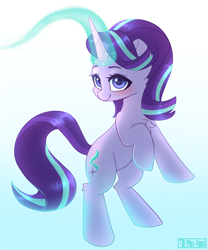 Size: 1144x1375 | Tagged: safe, artist:puetsua, imported from derpibooru, starlight glimmer, pony, unicorn, blushing, cute, female, glimmerbetes, glowing horn, horn, looking at you, mare, rearing, smiling, solo