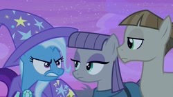 Size: 1920x1080 | Tagged: safe, imported from derpibooru, screencap, maud pie, mudbriar, trixie, earth pony, pony, unicorn, student counsel, 1080p, angry, gritted teeth, looking at each other