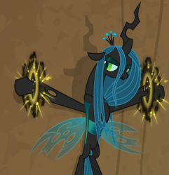 Size: 653x677 | Tagged: safe, imported from derpibooru, screencap, queen chrysalis, changeling, changeling queen, pony, frenemies (episode), annoyed, bondage, evil lair, eyeshadow, female, former queen chrysalis, grogar's lair, helpless, insect wings, lair, magic, magic aura, makeup, overpowered, solo, wings