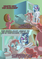 Size: 1132x1602 | Tagged: safe, artist:crispokefan, imported from derpibooru, dj pon-3, pinkie pie, tom, vinyl scratch, oc, oc:pun, earth pony, pony, ask pun, ask, female, lmfao, mare, party rock anthem (lmfao feat. lauren bennett & goonrock), pun, song reference, visual pun