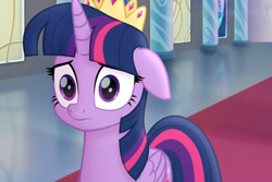 Size: 618x412 | Tagged: safe, imported from derpibooru, screencap, twilight sparkle, alicorn, pony, my little pony: the movie, canterlot, canterlot throne room, crown, female, floppy ears, jewelry, looking at you, mare, regalia, sad, solo, twilight sparkle (alicorn)