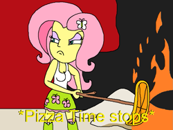 Size: 1017x765 | Tagged: safe, artist:logan jones, imported from derpibooru, fluttershy, butterfly, equestria girls, angry, boots, clothes, cooking, fire, food, hairpin, luigi, meme, miniskirt, pizza, pizza time, pizza time stops, ponified meme, reaction image, shoes, skirt, socks, stick, subtitles, tanktop, the super mario bros super show