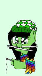 Size: 1440x2560 | Tagged: safe, artist:scotch, imported from derpibooru, oc, oc:filly anon, pony, clothes, cute, female, filly, hat, knitting needles, rainbow, scarf, sewing needle