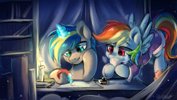 Size: 1600x900 | Tagged: safe, artist:colorfulcolor233, artist:oofycolorful, imported from derpibooru, rainbow dash, oc, oc:dopami korpela, pegasus, pony, unicorn, bathrobe, bookshelf, candle, canon x oc, clothes, commission, dopadash, female, flying, ink, inkwell, magic, male, night, paper, quill, robe, shipping, slippers, straight, writing