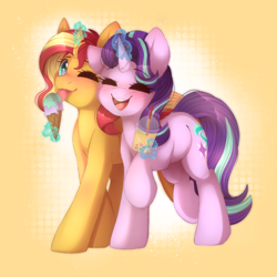 Size: 3000x3000 | Tagged: safe, artist:adostume, imported from derpibooru, starlight glimmer, sunset shimmer, pony, unicorn, blushing, commission, cute, eyes closed, female, food, glimmerbetes, happy, ice cream, lesbian, magic, mare, one eye closed, shimmerbetes, shimmerglimmer, shipping, smiling, telekinesis