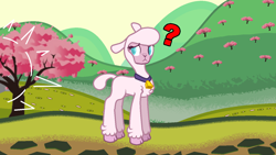 Size: 1366x768 | Tagged: safe, artist:zeka10000, imported from derpibooru, pom lamb, lamb, sheep, them's fightin' herds, bell, cloven hooves, community related, looking back, no pupils, pom (tfh), question mark, standing, unshorn fetlocks