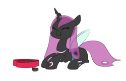 Size: 1120x726 | Tagged: safe, artist:carnifex, imported from derpibooru, queen chrysalis, changeling, changeling queen, bootleg, chocolate, chocolates, eating, eyes closed, female, food, prone, purple changeling, simple background, solo, white background