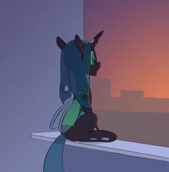 Size: 885x900 | Tagged: safe, artist:carnifex, imported from derpibooru, queen chrysalis, changeling, changeling queen, bootleg, cute, cutealis, female, sitting, solo, sunset