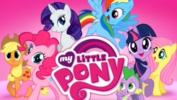 Size: 825x464 | Tagged: safe, imported from derpibooru, applejack, fluttershy, pinkie pie, rainbow dash, rarity, spike, twilight sparkle, dragon, earth pony, pegasus, pony, unicorn, female, male, mane seven, mane six, mare, my little pony logo, open mouth, unicorn twilight