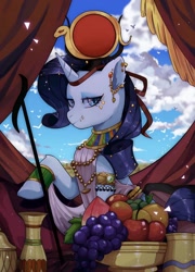 Size: 1080x1504 | Tagged: safe, artist:pvnix1hkmesynyx, imported from derpibooru, rarity, pony, unicorn, apple, clothes, ear piercing, female, food, fruit, fruit bowl, grapes, jewelry, lip piercing, mare, piercing, solo