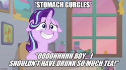 Size: 888x499 | Tagged: safe, edit, edited screencap, imported from derpibooru, screencap, starlight glimmer, pony, student counsel, adventure time, female, floppy ears, grin, meme, need to poop, potty emergency, potty time, reference, smiling, solo, starlight glimmer is best facemaker, stomach noise, teabag, teacups