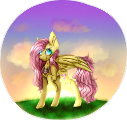 Size: 939x881 | Tagged: safe, artist:demandra02, imported from derpibooru, fluttershy, pony, confident, female, smiling, solo, sunrise