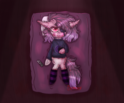 Size: 3000x2500 | Tagged: safe, artist:demandra02, imported from derpibooru, oc, oc only, pony, bed, clothes, crying, fluffy, lonely, sad, socks, solo, striped socks