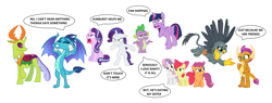 Size: 7960x3016 | Tagged: safe, edit, editor:proto29, imported from derpibooru, apple bloom, gabby, princess ember, rarity, scootaloo, smolder, spike, starlight glimmer, sweetie belle, thorax, twilight sparkle, alicorn, changedling, changeling, dragon, earth pony, griffon, pegasus, pony, unicorn, changeling x dragon, cutie mark crusaders, embrax, engrish, female, implied emberspike, implied gay, implied scootaspike, implied shipping, implied spikebelle, implied spikebloom, implied starburst, implied straight, implied thoraxspike, king thorax, male, shipping, simple background, sparity, straight, text, twilight sparkle (alicorn), white background