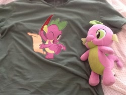 Size: 960x720 | Tagged: safe, artist:jhayarr23, imported from derpibooru, spike, clothes, green t-shirt, male, merchandise, photo, plushie, quill, scroll, shirt, solo, t-shirt