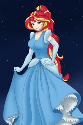 Size: 1284x1926 | Tagged: safe, artist:anonix123, imported from derpibooru, sunset shimmer, human, alternate hairstyle, cinderella, clothes, crossover, disney, dress, female, humanized, smiling, solo, stars