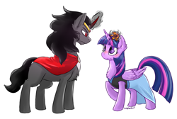 Size: 1010x680 | Tagged: safe, artist:lawombat, imported from derpibooru, king sombra, twilight sparkle, alicorn, pony, fanfic:the fairy tale fiasco, blushing, chest fluff, ear fluff, fanfic art, female, male, shipping, simple background, straight, twibra, twilight sparkle (alicorn), white background