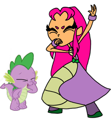 Size: 2048x2224 | Tagged: source needed, safe, artist:lsalusky, imported from derpibooru, spike, dragon, human, beatboxing, duo, eyes closed, female, humanized, laughing, male, open mouth, simple background, starfire, teen titans go, transparent background