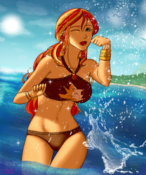 Size: 2500x3000 | Tagged: safe, artist:rittaruzira, imported from derpibooru, sunset shimmer, equestria girls, equestria girls series, bikini, breasts, busty sunset shimmer, clothes, cutie mark on clothes, female, high res, lipstick, one eye closed, solo, summer sunset, swimsuit, water