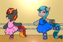 Size: 900x600 | Tagged: safe, artist:asktheartpone, artist:heartistry, imported from derpibooru, oc, oc:mysti inferno, oc:precious gemstones, earth pony, pony, unicorn, ballerina, ballerinas, ballet, ballet barre, ballet slippers, blushing, clothes, crossdressing, embarrassed, femboy, femboys, male, on one leg, one eye closed, smiling, standing, standing on one leg, tutu, tutus, wink