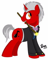 Size: 3885x4844 | Tagged: safe, artist:siggyderp, imported from derpibooru, oc, oc only, pony, unicorn, bowtie, cane, clothes, male, mouth hold, signature, simple background, solo, stallion, suit, white background