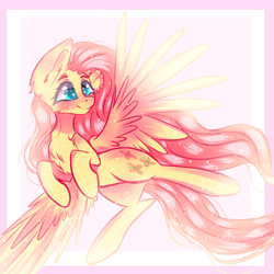 Size: 2000x2000 | Tagged: safe, artist:thaazminchan, imported from derpibooru, fluttershy, pegasus, pony, blushing, chest fluff, female, flying, head turn, mare, smiling, solo, spread wings, turned head, wings