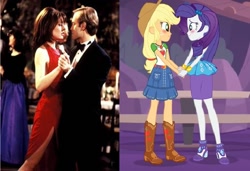 Size: 1361x933 | Tagged: safe, edit, edited screencap, imported from derpibooru, screencap, applejack, rarity, human, equestria girls, equestria girls series, rollercoaster of friendship, blushing, daphne moon, female, frasier, friendshipping, geode of super strength, holding hands, irl, irl human, lesbian, magical geodes, niles crane, photo, rarijack, shipping, slowpoke