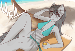 Size: 1536x1056 | Tagged: safe, artist:mintjuice, imported from derpibooru, anthro, advertisement, armpits, beach, beach towel, bikini, blinking, clothes, commission, juice, looking at you, palm tree, relaxing, sand, smiling, swimsuit, tree, water, your character here