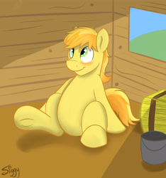 Size: 4673x5000 | Tagged: safe, alternate version, artist:siggyderp, imported from derpibooru, braeburn, earth pony, pony, barn, blushing, bucket, commission, hay bale, male, signature, sitting, solo, stallion, window