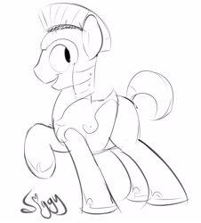 Size: 3650x4030 | Tagged: safe, artist:siggyderp, imported from derpibooru, earth pony, pony, armor, black and white, grayscale, helmet, horseshoes, lineart, male, monochrome, royal guard, side view, signature, simple background, sketch, smiling, solo, stallion, white background