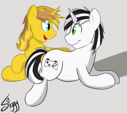 Size: 5000x4449 | Tagged: safe, artist:siggyderp, imported from derpibooru, oc, oc only, pony, unicorn, commission, gray background, looking at each other, male, signature, simple background, smiling, stallion