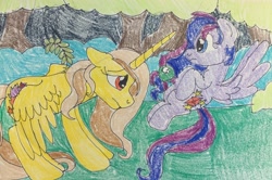 Size: 2458x1630 | Tagged: safe, artist:estories, artist:wolfspiritclan, imported from derpibooru, oc, oc:alice goldenfeather, oc:ruby nights, alicorn, pegasus, pony, story idea