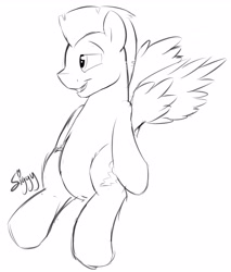 Size: 3609x4241 | Tagged: safe, artist:siggyderp, imported from derpibooru, thunderlane, pegasus, pony, black and white, grayscale, lineart, male, monochrome, signature, simple background, sketch, solo, spread wings, stallion, white background, wings