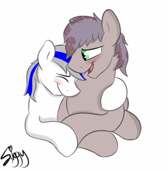 Size: 3597x3651 | Tagged: safe, artist:siggyderp, imported from derpibooru, oc, oc only, oc:arty, oc:barre, earth pony, pony, blushing, cuddling, cute, eyes closed, gay, hug, male, shipping, signature, simple background, stallion, white background