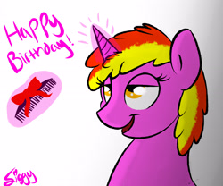 Size: 3071x2559 | Tagged: safe, artist:siggyderp, imported from derpibooru, oc, oc only, pony, unicorn, bedroom eyes, birthday gift, bow, bust, comb, dialogue, female, glowing horn, happy birthday, horn, levitation, lineart, magic, magic aura, mare, signature, simple background, sketch, smiling, solo, telekinesis, white background
