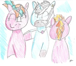 Size: 999x869 | Tagged: safe, artist:ptitemouette, imported from derpibooru, oc, oc:maestro doremi, oc:summer solstice, oc:sunny jewel, pony, female, male, mother and son, offspring, offspring's offspring, parent:frederic horseshoepin, parent:neon lights, parent:oc:saphire ring, parent:oc:sunny jewel, parent:starlight glimmer, parent:sunburst, parents:oc x oc, parents:starburst, stepfather
