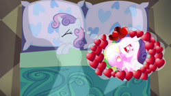 Size: 1024x576 | Tagged: safe, edit, edited screencap, imported from derpibooru, screencap, rarity, spike, dragon, unicorn, bed, blanket, dream, female, filly, heart, implied shipping, implied spikebelle, implied straight, jealous, male, mare, pillow, shipping, sleeping, sparity, straight