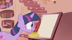 Size: 1920x1080 | Tagged: safe, imported from derpibooru, screencap, twilight sparkle, pony, unicorn, griffon the brush off, female, golden oaks library, inkwell, mare, quill, scroll, solo, unicorn twilight, wide eyes