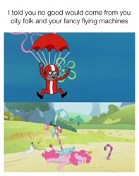 Size: 710x900 | Tagged: safe, edit, edited screencap, imported from derpibooru, screencap, pinkie pie, earth pony, pony, griffon the brush off, abuse, cannonball jenkins, clothes, crash landing, falling, female, fist in the air, flying contraption, funny, helmet, human cannonball, jumpsuit, mare, meme, old man jenkins, parachute, pedalcopter, pinkiecopter, spongebob squarepants, stunt suit, the sponge who could fly, unconscious