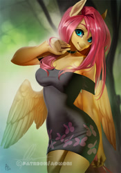 Size: 666x950 | Tagged: safe, alternate version, artist:aonikaart, imported from derpibooru, fluttershy, anthro, pegasus, adorasexy, beautiful, beautisexy, breasts, busty fluttershy, choker, clothes, cute, digital art, dress, drooping wings, female, looking at you, mare, nightgown, patreon, patreon reward, sexy, shoulderless, shyabetes, signature, smiling, solo, spread wings, wings